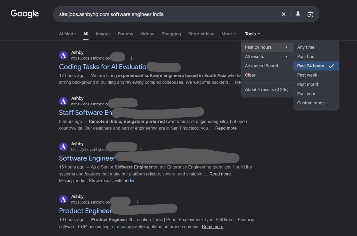 Google search for site:jobs.ashbyhq.com software engineer india, filtered to the past 24 hours, showing fresh Ashby job postings
