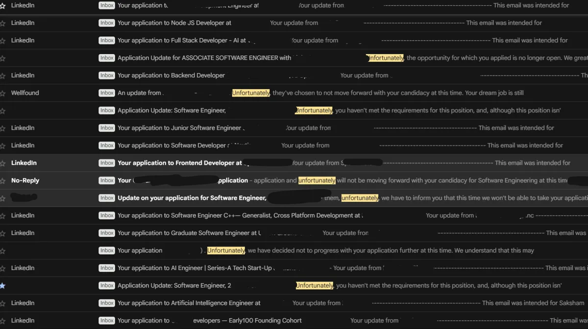 My email inbox full of job application rejections, most of them starting with Unfortunately